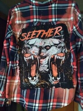 Upcycled Bleached Distressed Flannel Shirt W/ Custom SEETHER back Patch